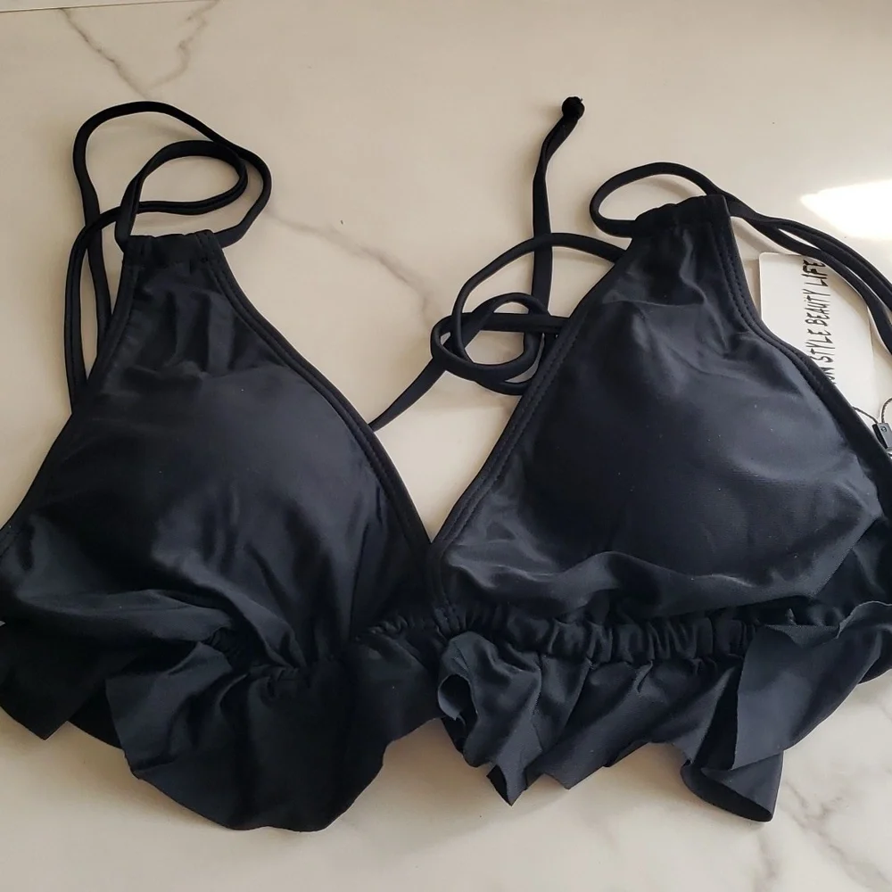 SPORLIKE Ruffle V Neck High Waisted Bikini in Black Size XL
